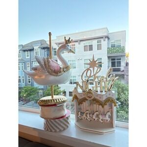 Pastel Pink White Christmas Decor Bundle Swan Carousel Holy Night Ribbon Lot